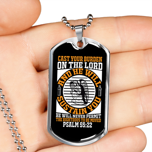 On The Lord Psalm 55:22 Necklace Stainless Steel or 18k Gold Dog Tag 24" Chain-Express Your Love Gifts