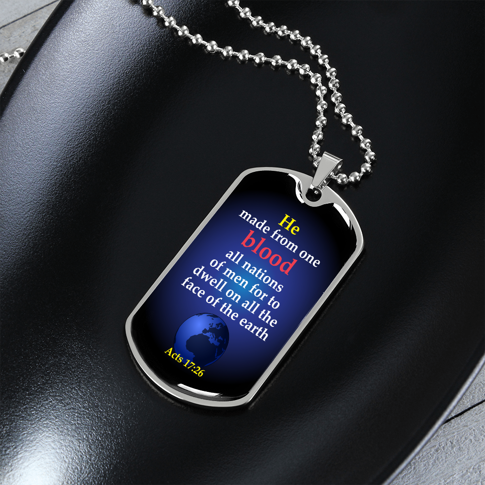 One Race Bible Verse Acts 17:26 Necklace Stainless Steel or 18k Gold Dog Tag 24" Chain-Express Your Love Gifts