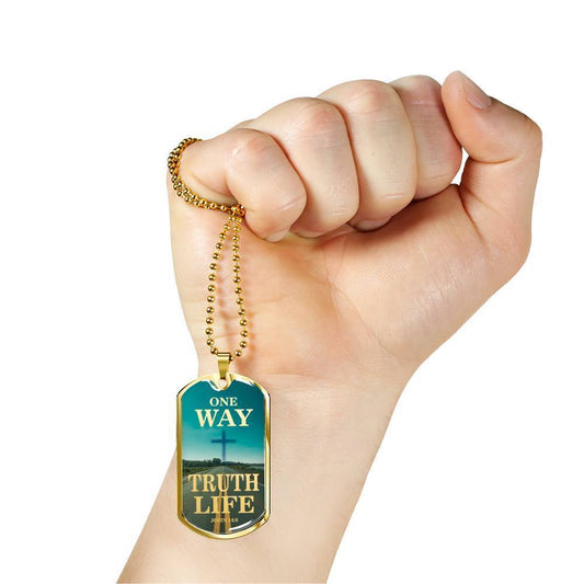 One Way Truth Life Bible Verse Necklace Stainless Steel or 18k Gold Dog Tag 24" Chain - Express Your Love Gifts