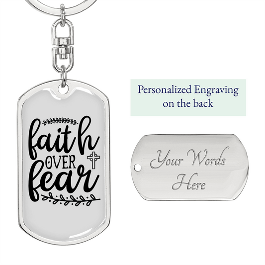 Over Fear Keychain Stainless Steel or 18k Gold Dog Tag Keyring-Express Your Love Gifts