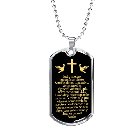 Our Father in Spanish Padre Nuestro Lord's Prayer Matthew 6:9 Necklace Stainless Steel or 18k Gold Dog Tag w 24" Chain