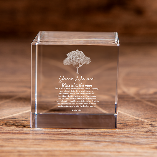 Psalm 1:1-3 Blessed is the Man Square Cut Crystal Cube Personalized Christian Gift-Express Your Love Gifts