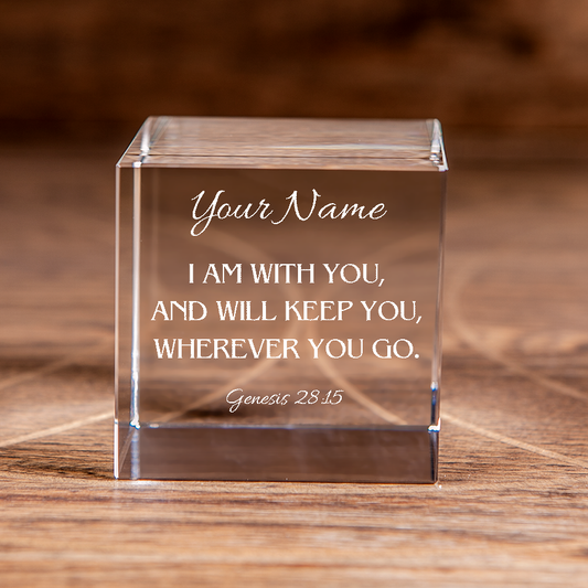 Genesis 28:15 I Am With You Square Cut Crystal Cube Personalized Christian Gift-Express Your Love Gifts