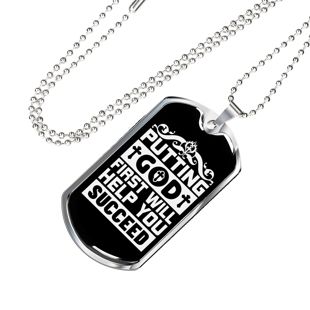 Putting God First White Christian Necklace Stainless Steel or 18k Gold Dog Tag 24" Chain-Express Your Love Gifts