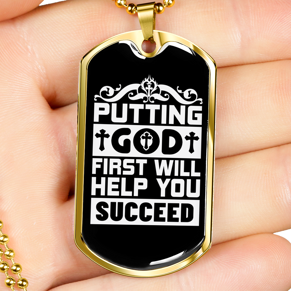 Putting God First White Christian Necklace Stainless Steel or 18k Gold Dog Tag 24" Chain-Express Your Love Gifts
