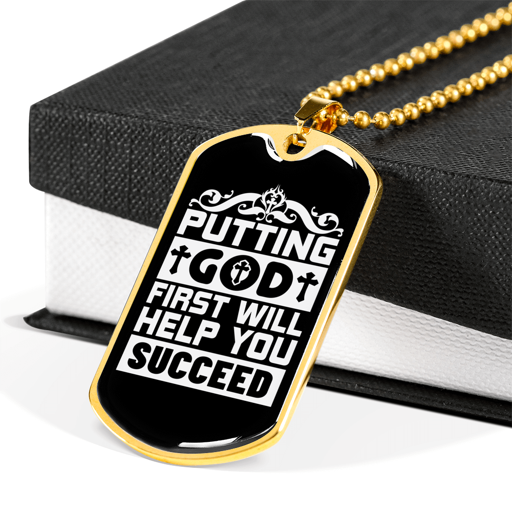 Putting God First White Christian Necklace Stainless Steel or 18k Gold Dog Tag 24" Chain-Express Your Love Gifts