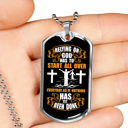 Relying On God Christian Necklace Stainless Steel or 18k Gold Dog Tag 24" Chain-Express Your Love Gifts