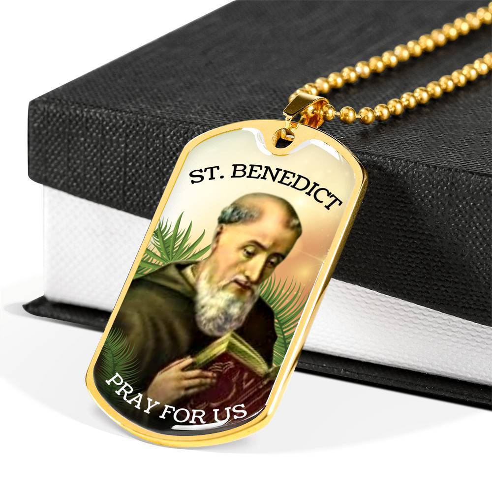 Saint Benedict Catholic Necklace Stainless Steel or 18k Gold Dog Tag 24" Chain-Express Your Love Gifts