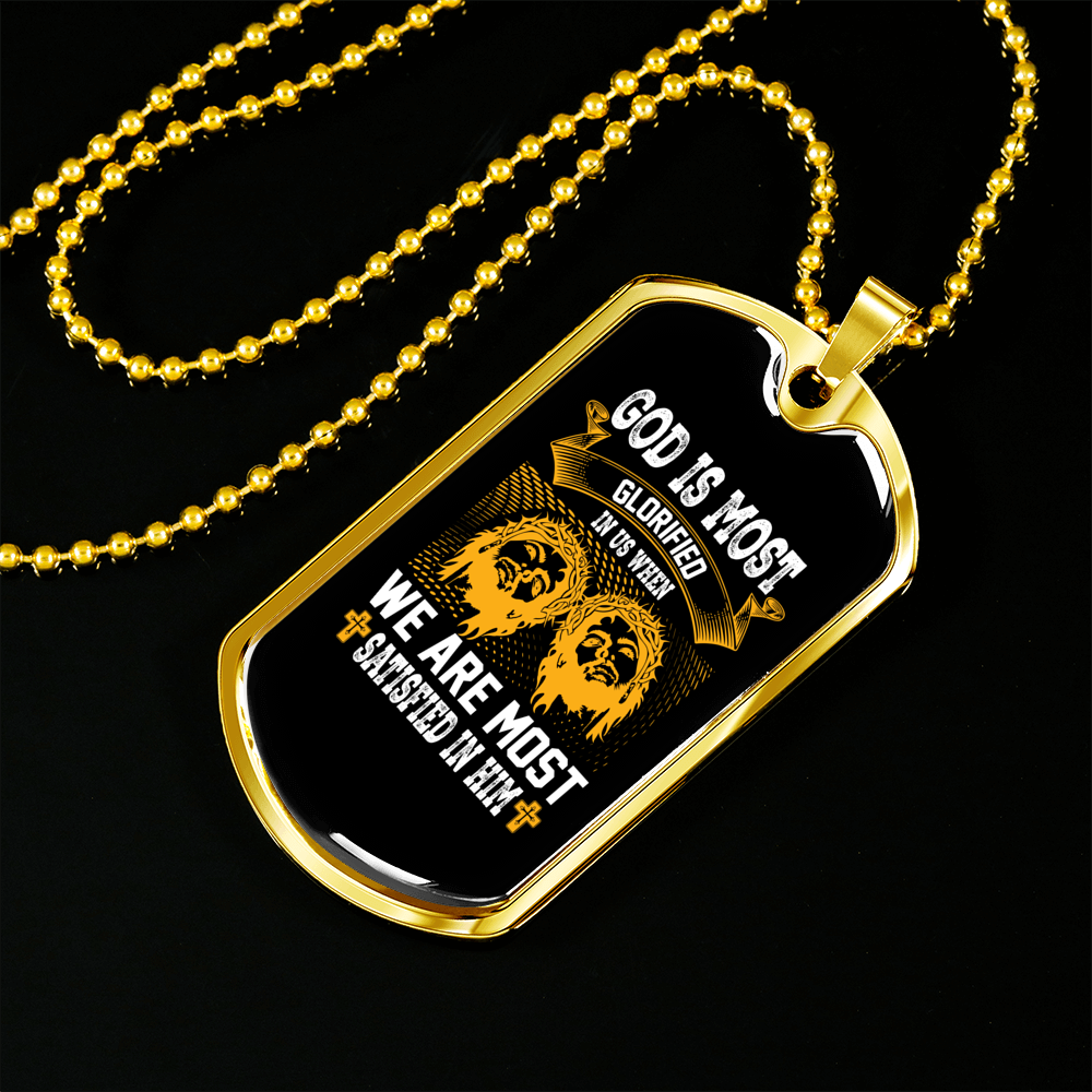 Satisfied In Him Christian Necklace Stainless Steel or 18k Gold Dog Tag 24" Chain-Express Your Love Gifts