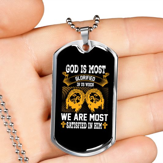 Satisfied In Him Christian Necklace Stainless Steel or 18k Gold Dog Tag 24" Chain-Express Your Love Gifts