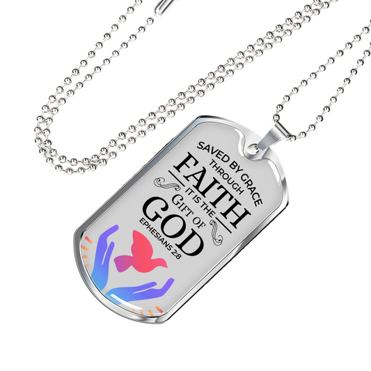 Saved by God's Grace Christian Necklace Bible Verse Necklace Stainless Steel or 18k Gold Dog Tag w 24" Chain
