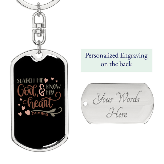 Search Me God Psalm 139:23 Keychain Stainless Steel or 18k Gold Dog Tag Keyring-Express Your Love Gifts