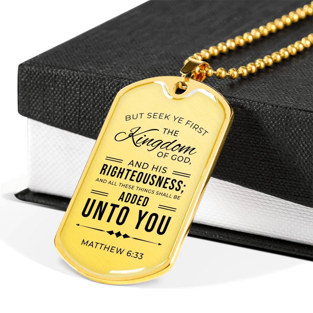 Seek God First Always Christian Faith Matthew Necklace Stainless Steel or 18k Gold Dog Tag 24" Chain-Express Your Love Gifts