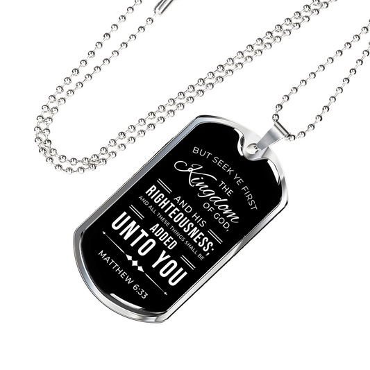 Seek God First Always Christian Necklace Stainless Steel or 18k Gold Dog Tag w 24" Chain