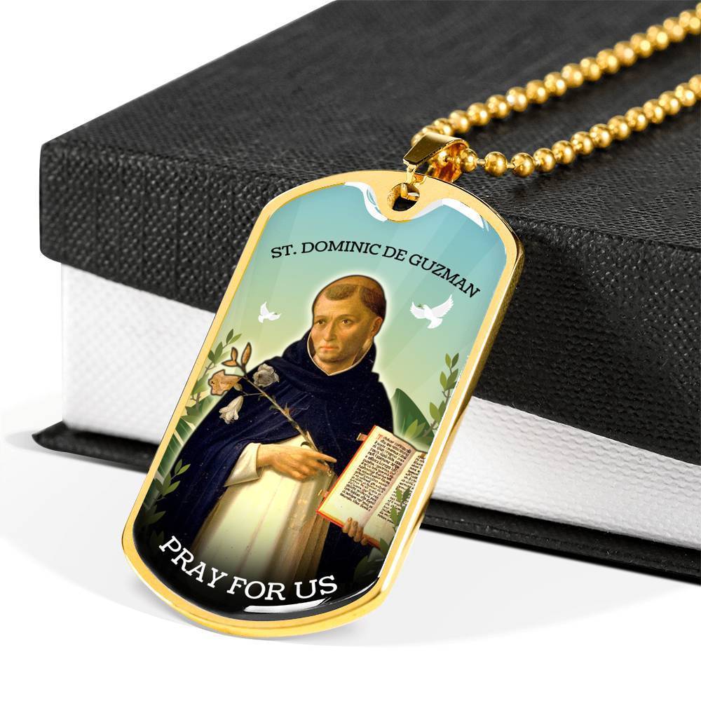 St. Dominic Catholic Necklace Stainless Steel or 18k Gold Dog Tag 24" Chain-Express Your Love Gifts