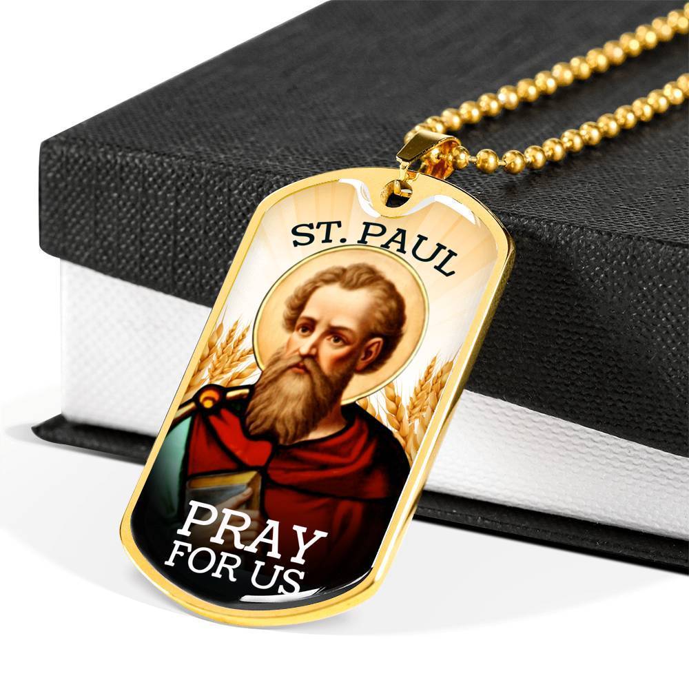 St. Paul Catholic Necklace Stainless Steel or 18k Gold Dog Tag 24" Chain-Express Your Love Gifts