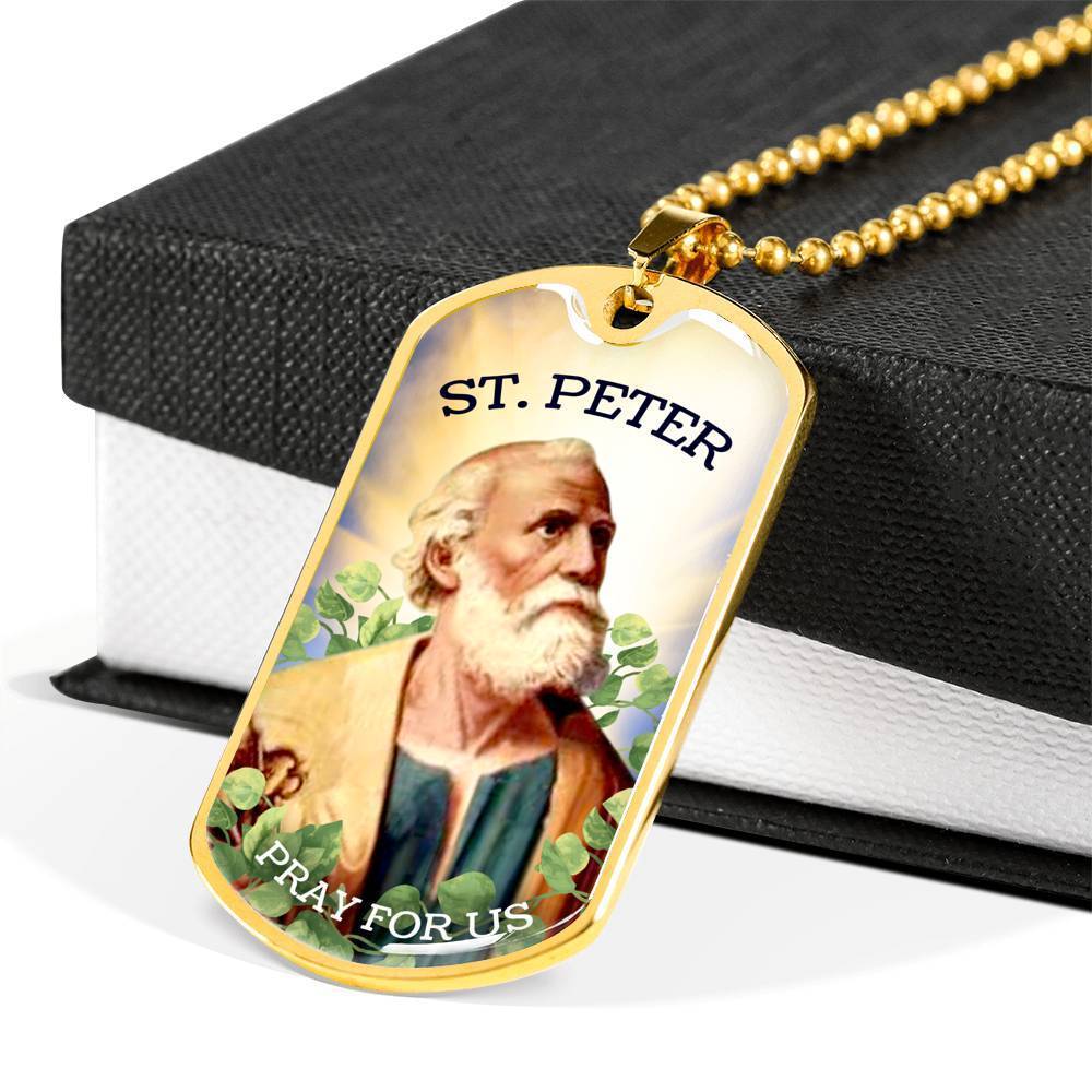 St. Peter Catholic Necklace Stainless Steel or 18k Gold Dog Tag 24" Chain-Express Your Love Gifts