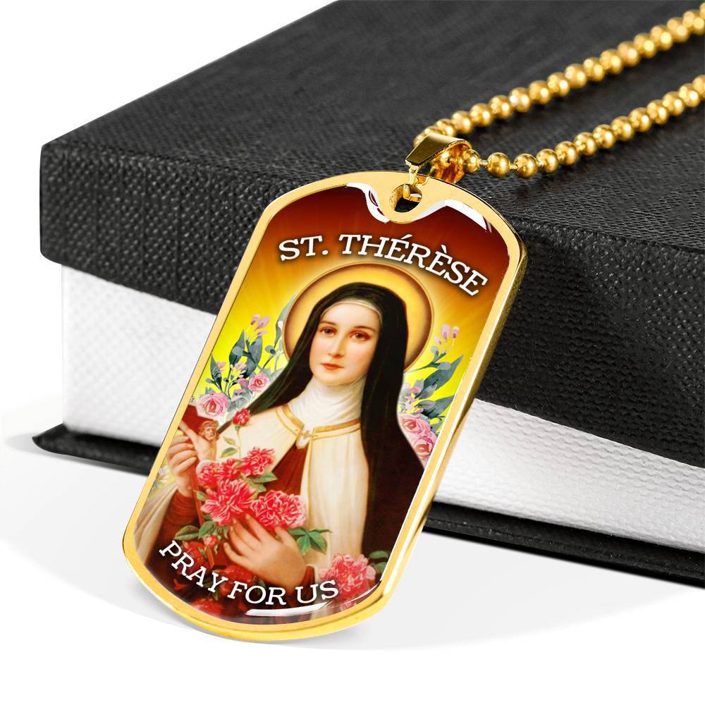 St. Therese Catholic Necklace Stainless Steel or 18k Gold Dog Tag 24" Chain-Express Your Love Gifts