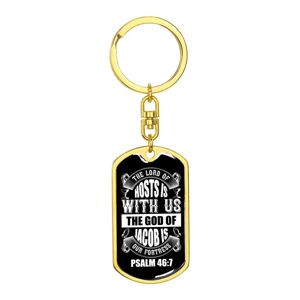 The God Of Jacob Psalm 46:7 White Stainless Steel or 18k Gold Premium Swivel Dog Tag Keychain