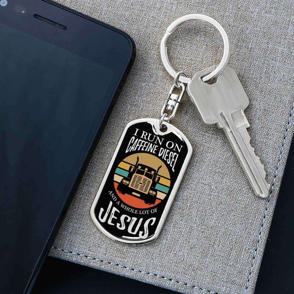 Trucker Caffeine Diesel Jesus Keychain Stainless Steel or 18k Gold Dog Tag-Express Your Love Gifts