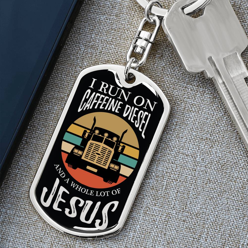 Trucker Caffeine Diesel Jesus Keychain Stainless Steel or 18k Gold Dog Tag-Express Your Love Gifts