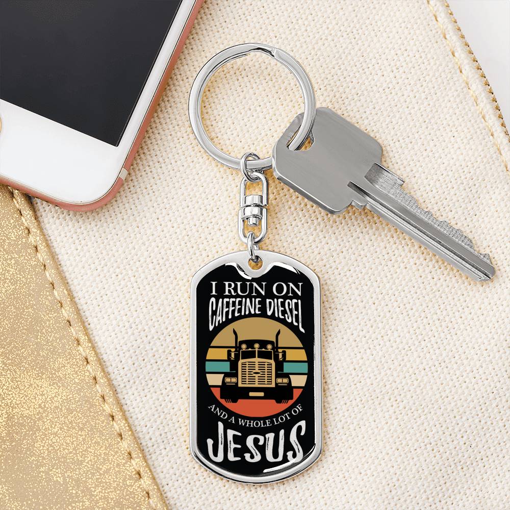Trucker Caffeine Diesel Jesus Keychain Stainless Steel or 18k Gold Dog Tag-Express Your Love Gifts