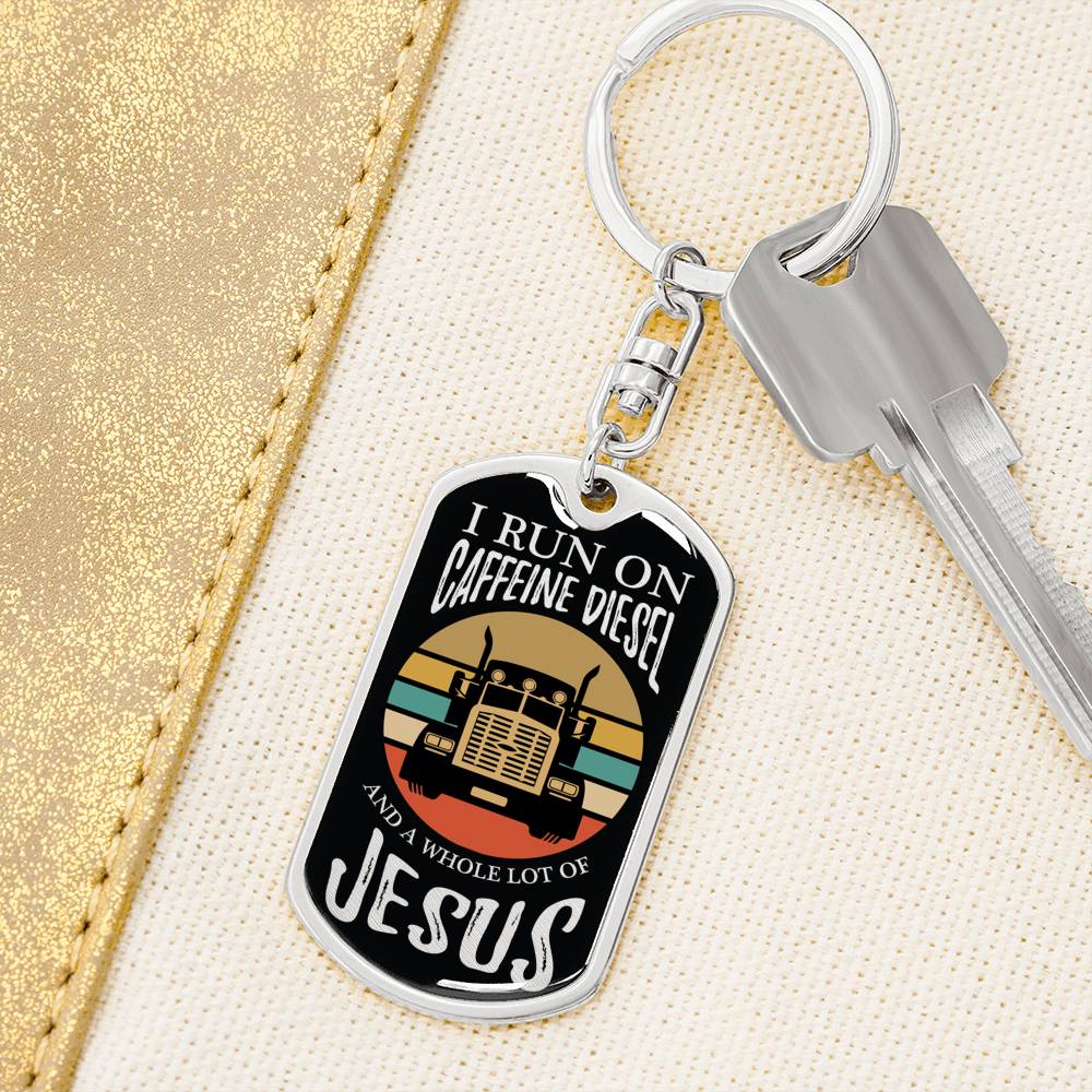 Trucker Caffeine Diesel Jesus Keychain Stainless Steel or 18k Gold Dog Tag-Express Your Love Gifts
