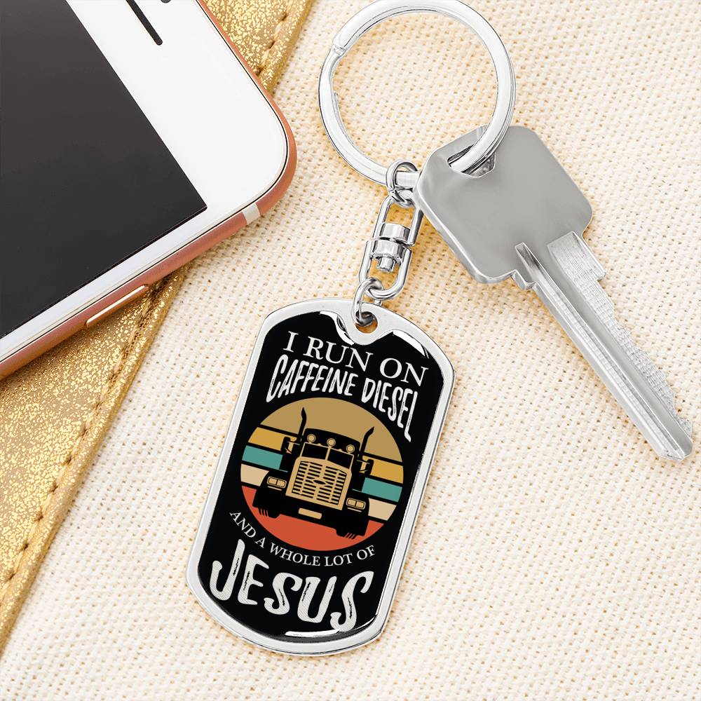 Trucker Caffeine Diesel Jesus Keychain Stainless Steel or 18k Gold Dog Tag-Express Your Love Gifts