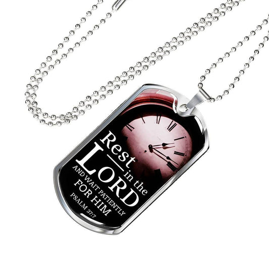 Wait And Rest In God's Presence Bible Verse Gift Psalm Necklace Stainless Steel or 18k Gold Dog Tag 24" Chain-Express Your Love Gifts