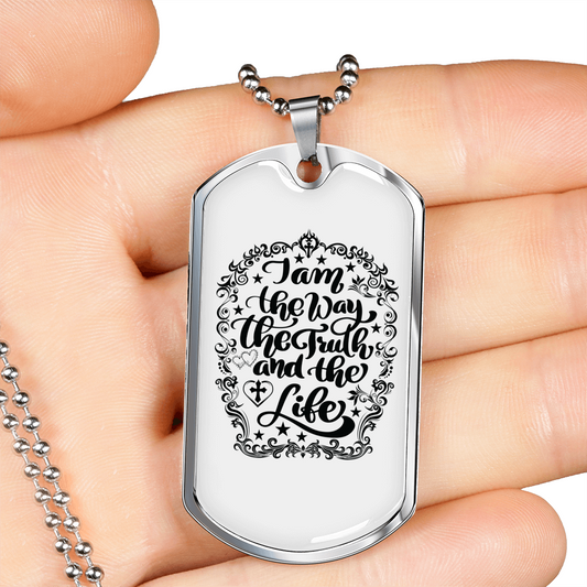 Way Truth Life Christian Necklace Stainless Steel or 18k Gold Dog Tag 24" Chain-Express Your Love Gifts