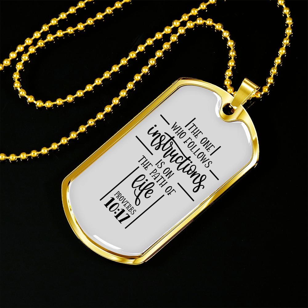 Who Follows Instructions Proverbs 10:17 Necklace Stainless Steel or 18k Gold Dog Tag 24" Chain-Express Your Love Gifts