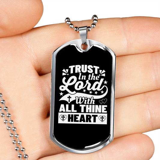 With All Thine Heart White Christian Necklace Stainless Steel or 18k Gold Dog Tag 24" Chain-Express Your Love Gifts