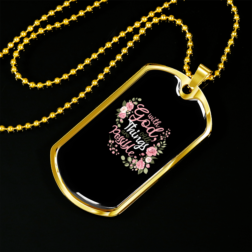 With God All Things Christian Necklace Stainless Steel or 18k Gold Dog Tag 24" Chain-Express Your Love Gifts