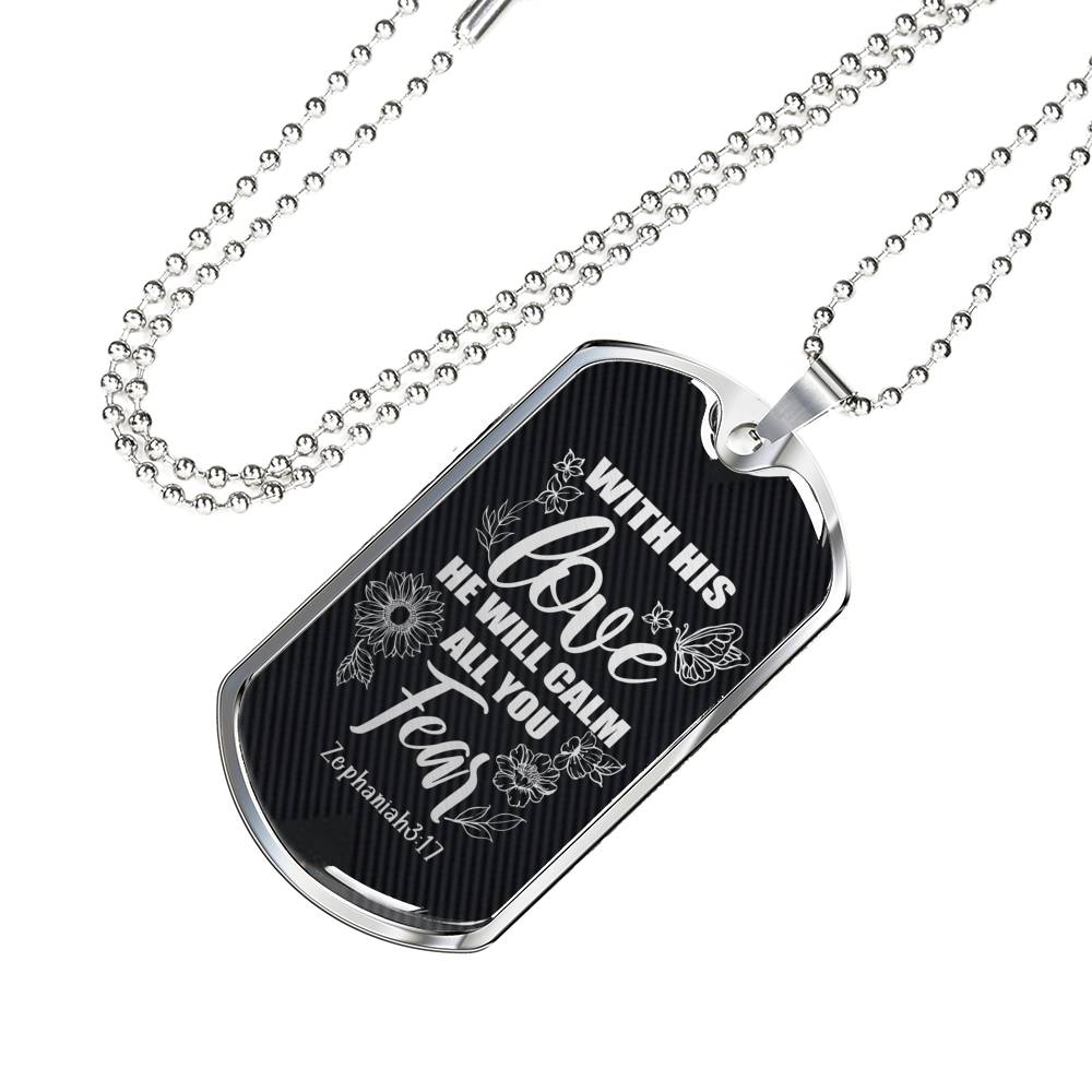 With His Love Zephaniah Necklace Stainless Steel or 18k Gold Dog Tag 24"-Express Your Love Gifts