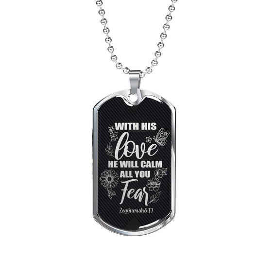 With His Love Zephaniah Necklace Stainless Steel or 18k Gold Dog Tag 24"-Express Your Love Gifts