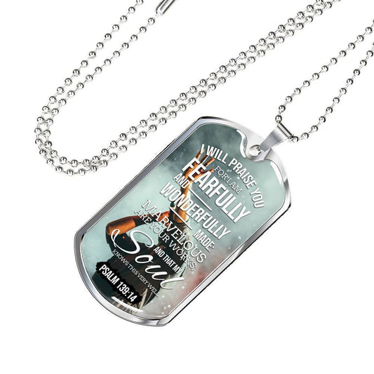 Wonderfully Made Bible Psalm Necklace Stainless Steel or 18k Gold Dog Tag w 24" Chain