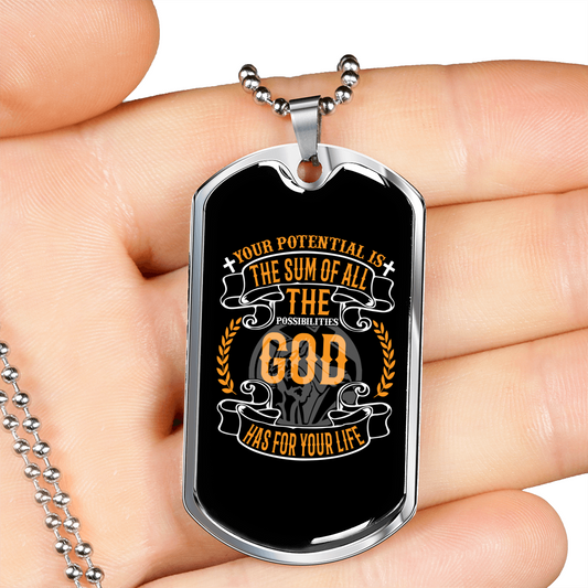 Your Potential Is The Sum Christian Necklace Stainless Steel or 18k Gold Dog Tag 24" Chain-Express Your Love Gifts