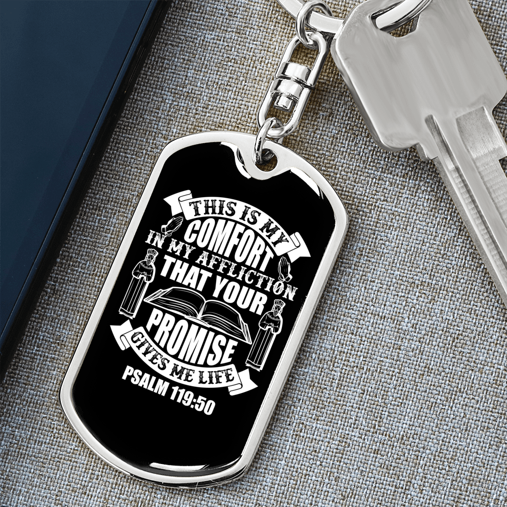 Your Promise Gives Life Psalm 119:50 White Keychain Stainless Steel or 18k Gold Dog Tag Keyring-Express Your Love Gifts