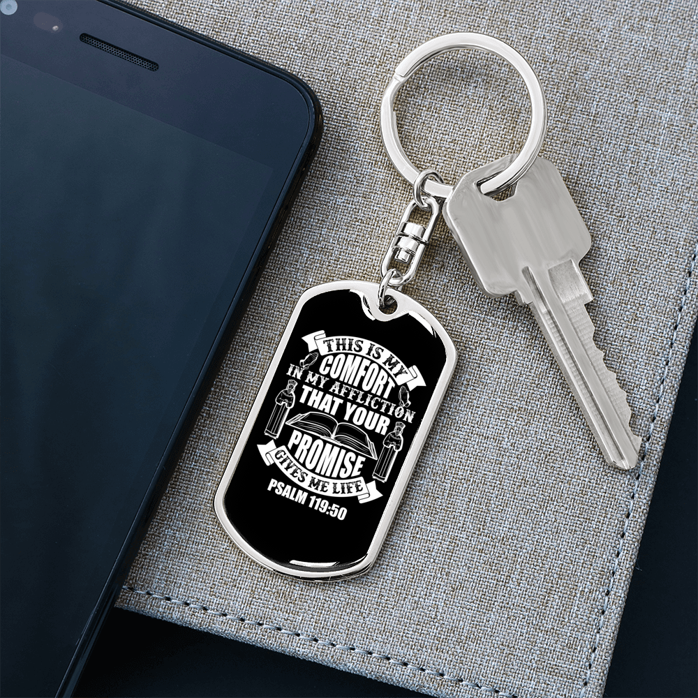 Your Promise Gives Life Psalm 119:50 White Keychain Stainless Steel or 18k Gold Dog Tag Keyring-Express Your Love Gifts
