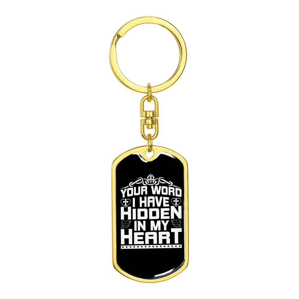 Your Word Hidden Stainless Steel or 18k Gold Premium Swivel Dog Tag Keychain
