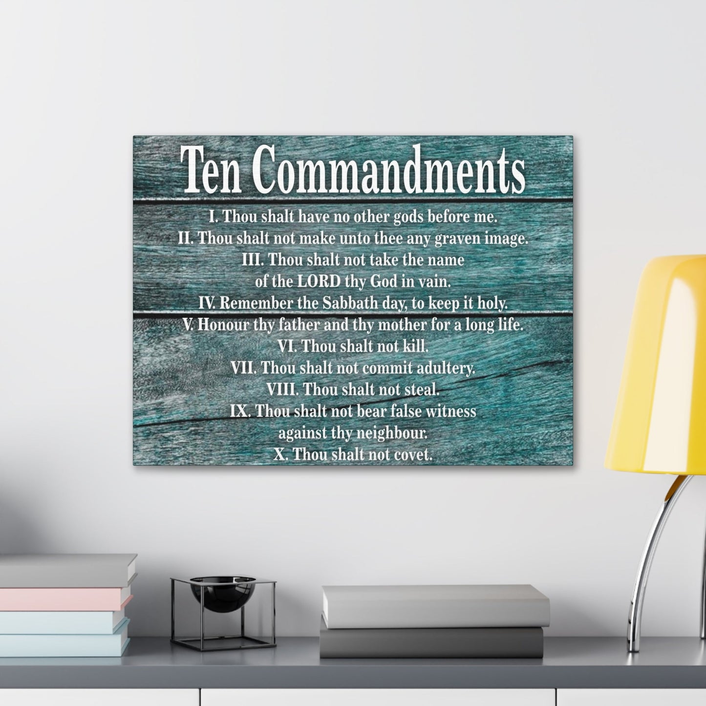Scripture Canvas Ten Commandments Blue Wood Christian Wall Art Print Ready to Hang-Express Your Love Gifts