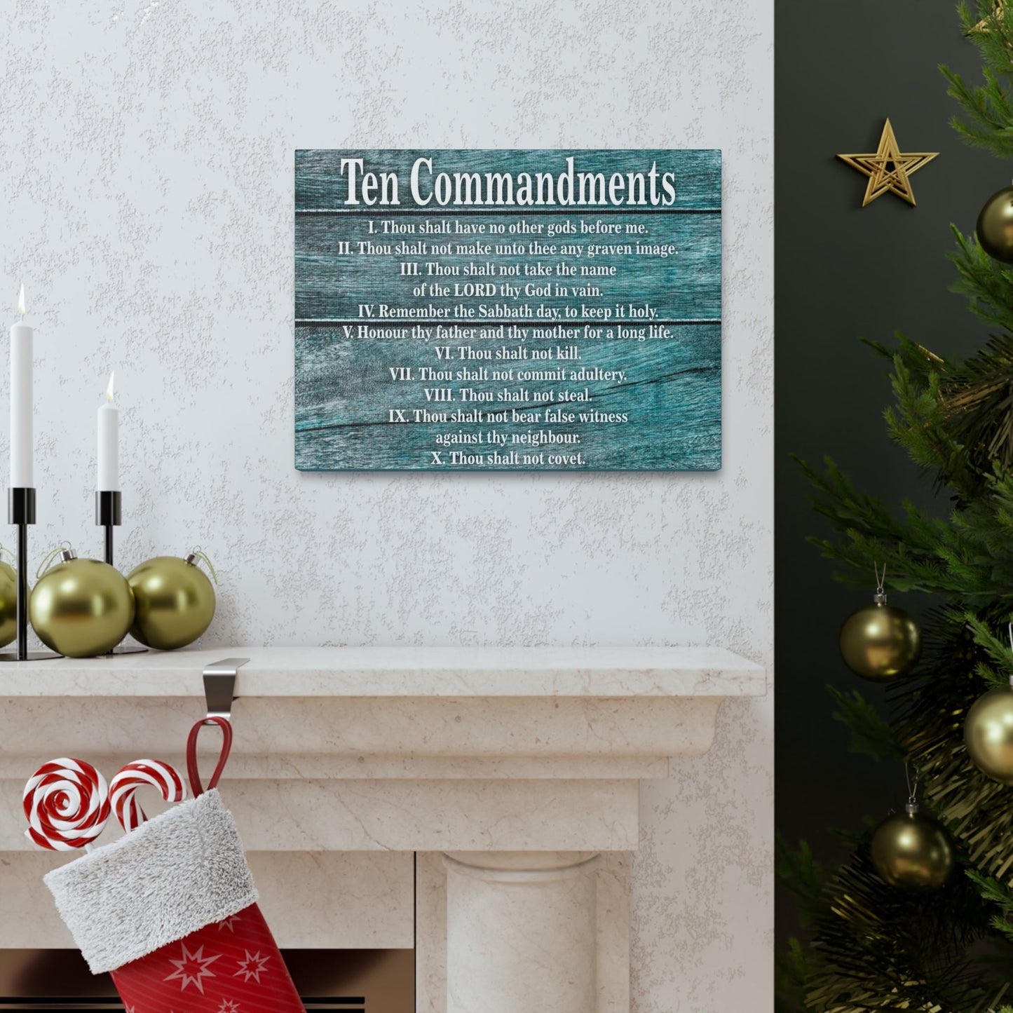 Scripture Canvas Ten Commandments Blue Wood Christian Wall Art Print Ready to Hang-Express Your Love Gifts
