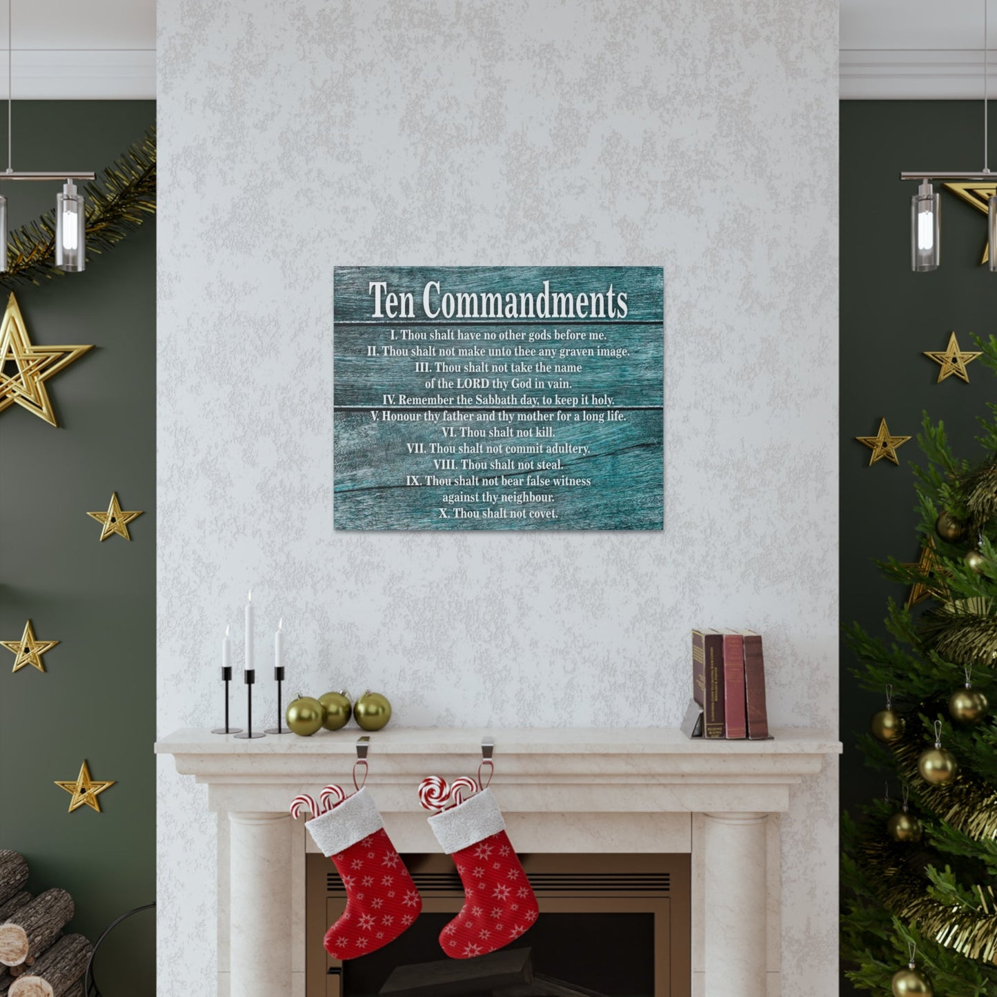 Scripture Canvas Ten Commandments Blue Wood Christian Wall Art Print Ready to Hang-Express Your Love Gifts