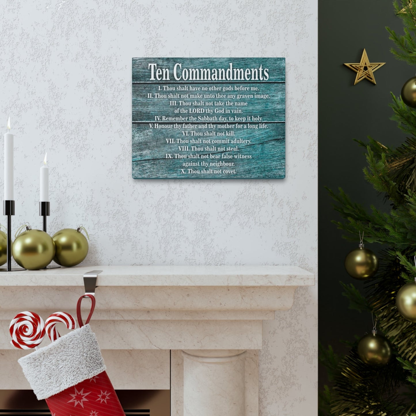 Scripture Canvas Ten Commandments Blue Wood Christian Wall Art Print Ready to Hang-Express Your Love Gifts