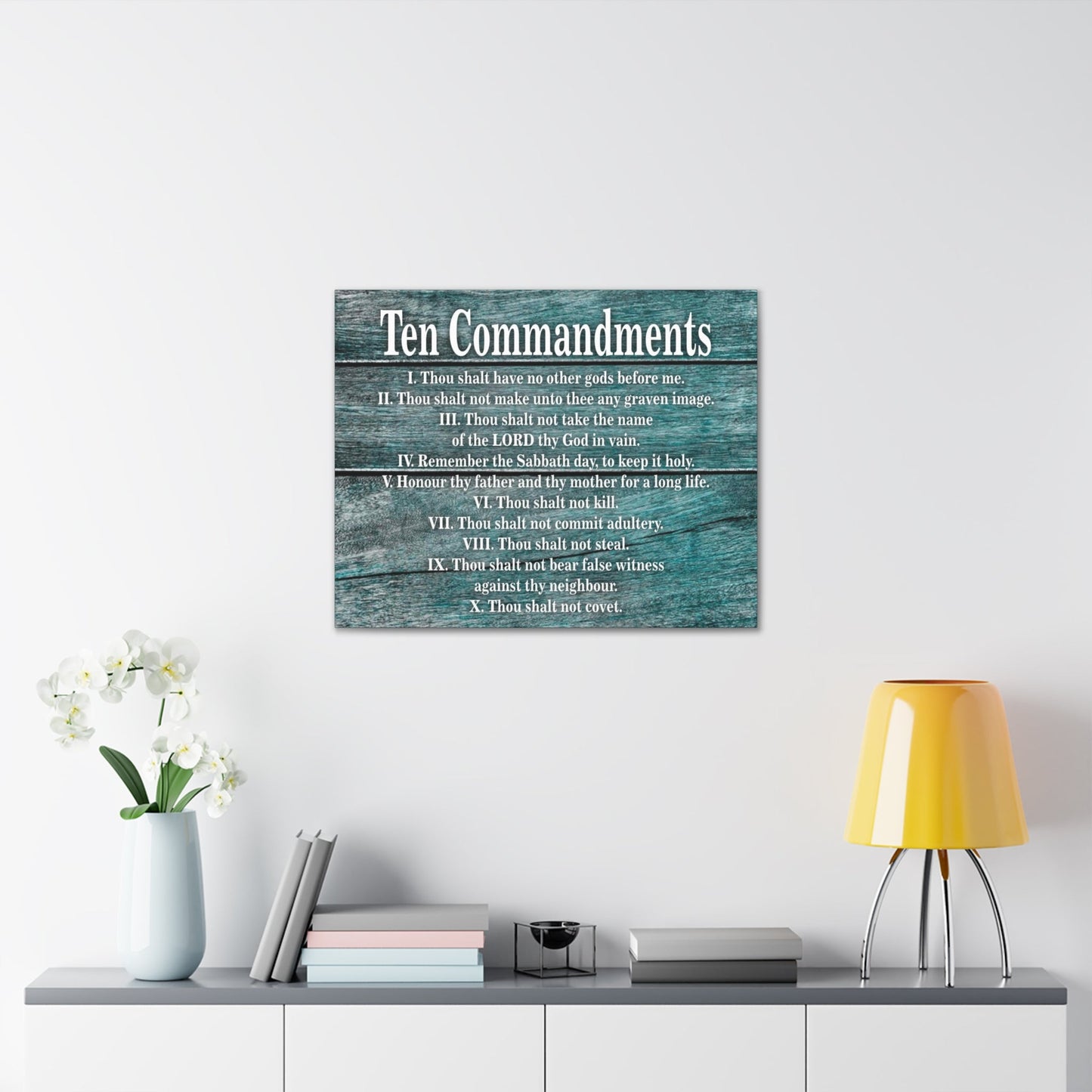 Scripture Canvas Ten Commandments Blue Wood Christian Wall Art Print Ready to Hang-Express Your Love Gifts