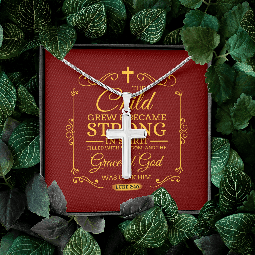 Christian Encouragement Strong Child Luke 2:40 Message Cross Card Necklace w Stainless Steel Pendant-Express Your Love Gifts