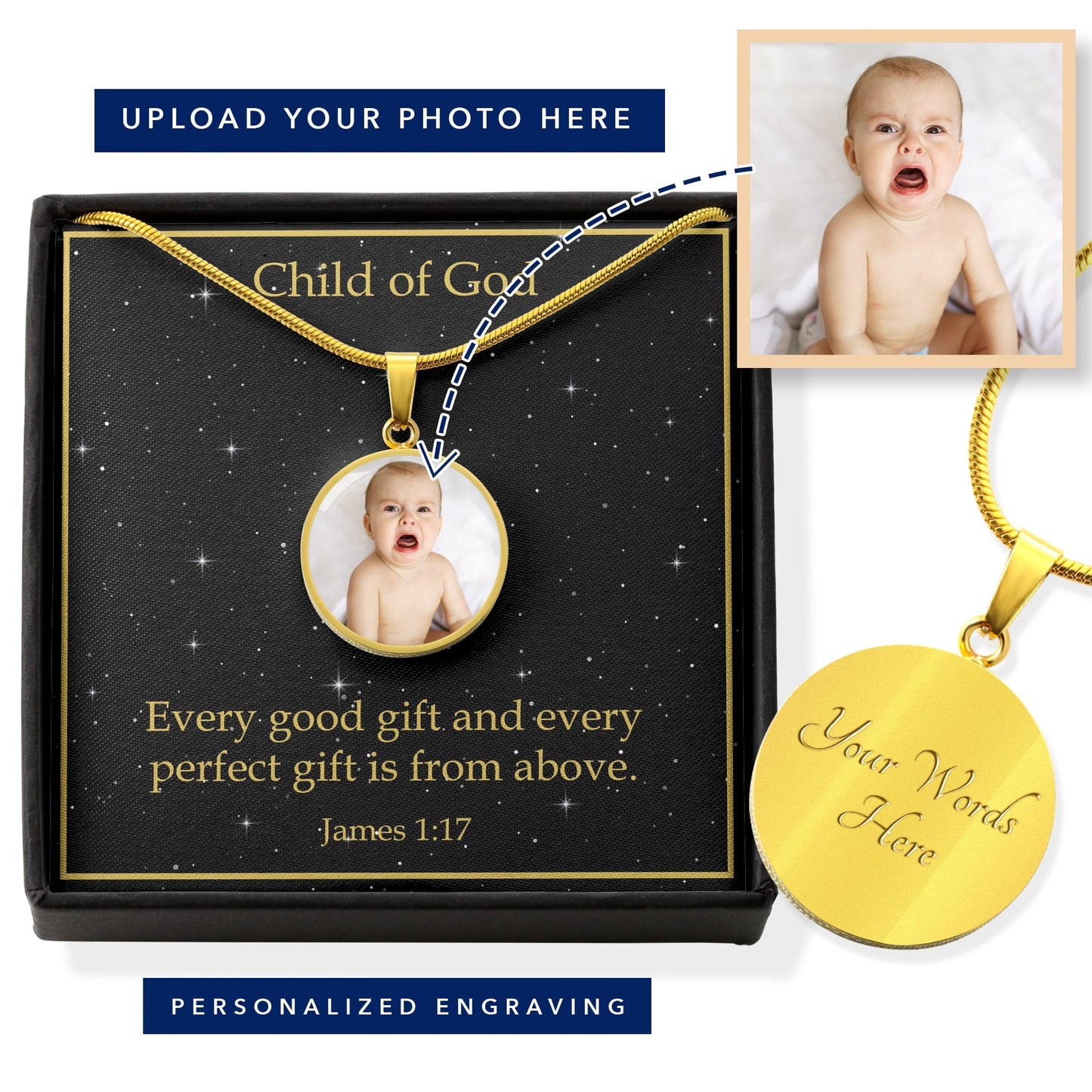 Personalized Baby Birth Necklace James 1:17 Child of God Perfect Gift From Above Gift Pendant Stainless Steel or 18k Gold-Express Your Love Gifts