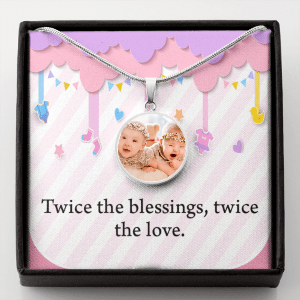 Personalized Expecting Mother To Twin Blessings Pregnancy Message Circle Necklace Stainless Steel or 18k Gold 18-22"-Express Your Love Gifts