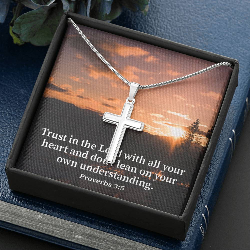 Scripture Card Trust In The Lord Proverbs 3:5 Cross Card Necklace w Stainless Steel Pendant Religious Gift-Express Your Love Gifts