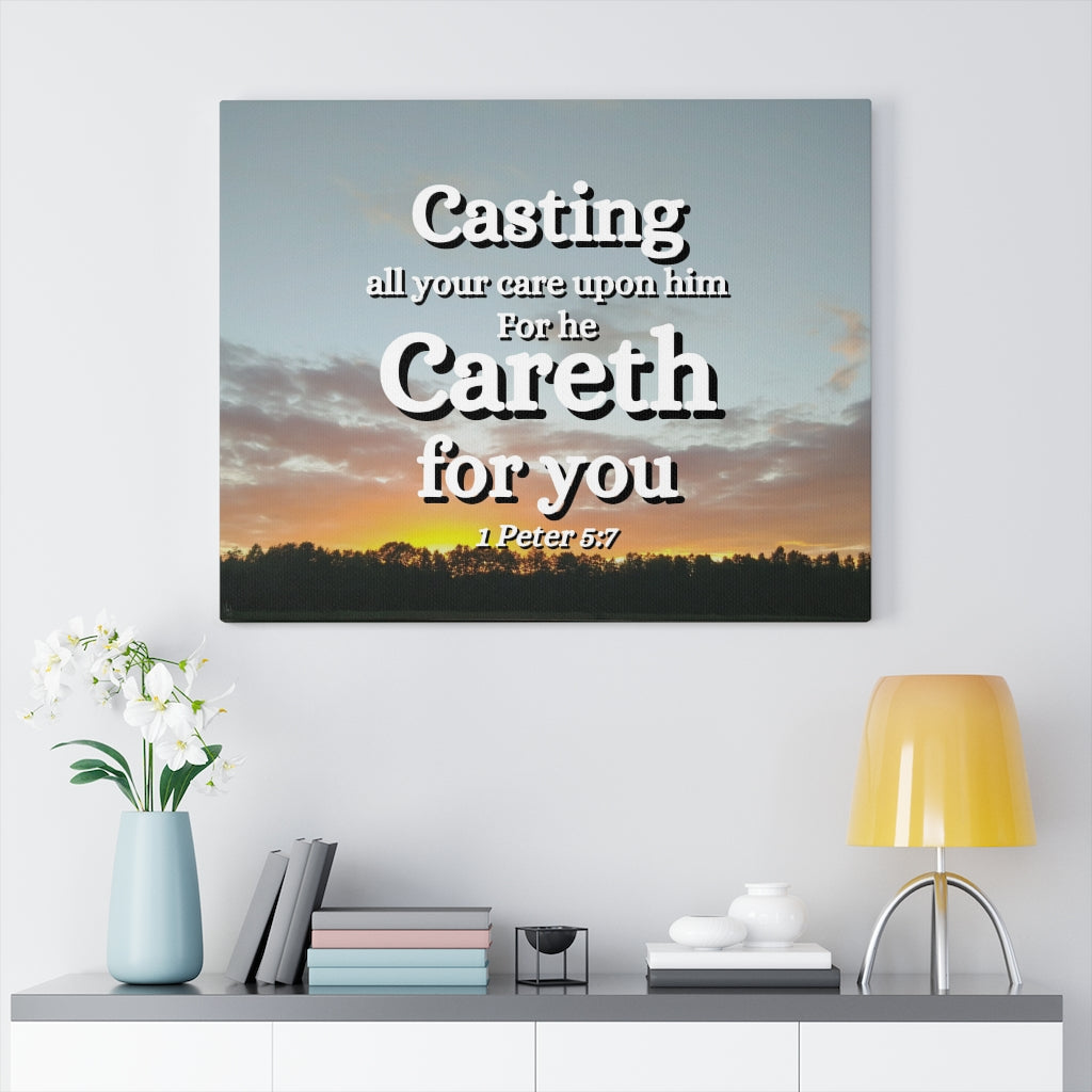 CAreth For You 1 Peter 5:7 Bible Verse Canvas Christian Wall Art Ready to Hang Unframed-Express Your Love Gifts